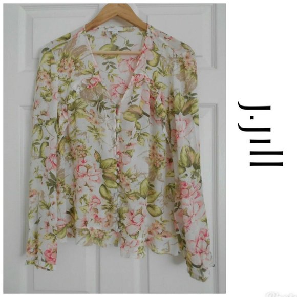 J. Jill Tops - J Jill Floral Blouse White Pink Long Sleeve Small